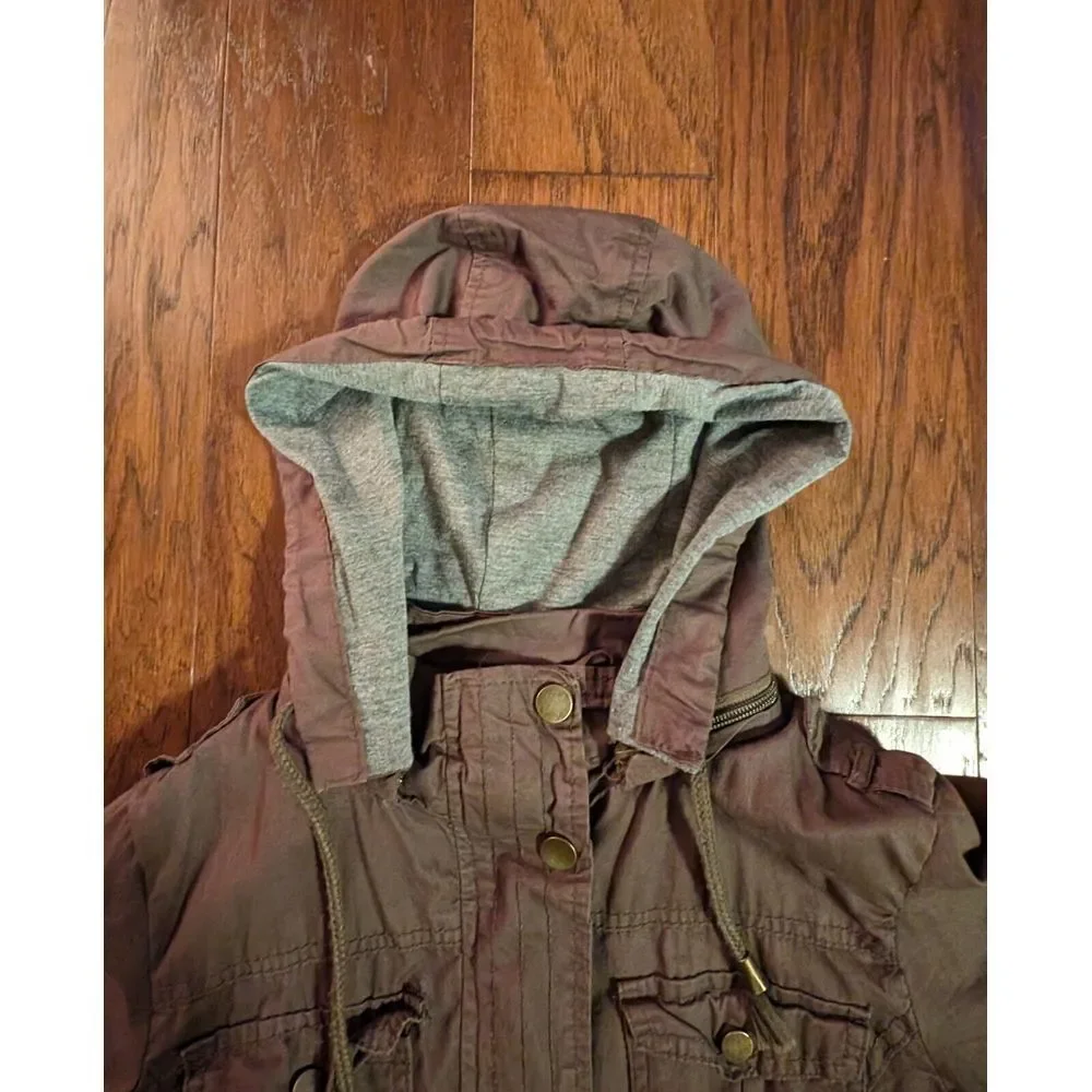 Women's Khaki Army Green Lightweight 100% Cotton Jacket Size Medium Pockets Hood